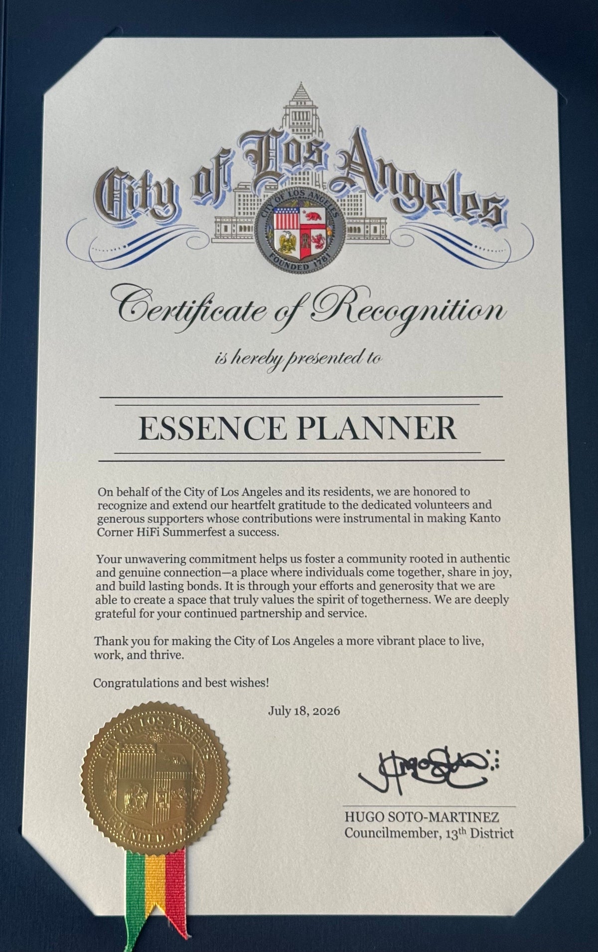 Recognized by the City of LA